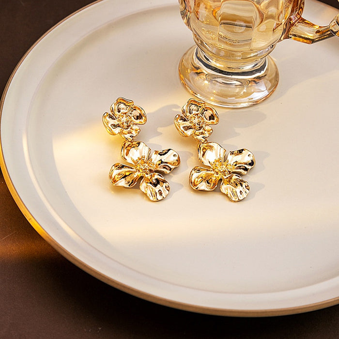 Vintage Luxury Gold Alloy Double Flower Drop Stud Earrings For Women Exaggerated Court Style Statement Earrings