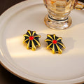 Vintage French Palace Spider Web Firework Enamel Alloy Studs With Red Crystal Center Earrings view 2