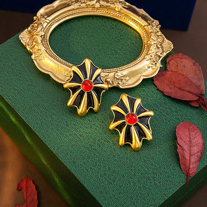 Vintage French Palace Spider Web Firework Enamel Alloy Studs With Red Crystal Center Earrings
