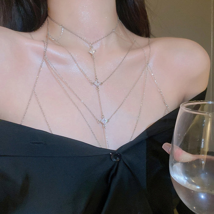 Copper Zircon Geometric Multilayer Necklace Minimalist Line Body Chain For Women