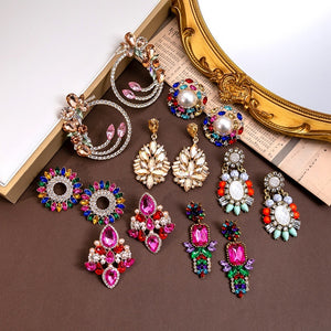 Luxury Vintage Colorful Geometric Teardrop Pearl Rhinestone Crystal Alloy Statement Dangle Earrings