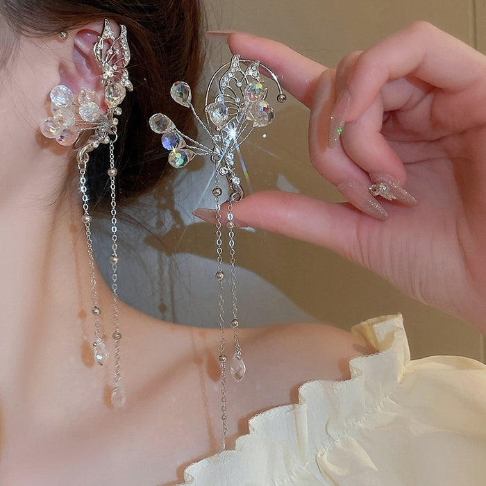 Alloy Artificial Crystal Flower Teardrop Tassel Clip-on Earrings, Fashion OL No-Piercing Ear Cuffs