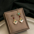 Vintage Ethnic Enamel Flower Pearl Faux Jade Four Leaf Clover Dangle Drop Earrings view 4