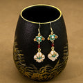 Vintage Ethnic Enamel Flower Pearl Faux Jade Four Leaf Clover Dangle Drop Earrings view 1