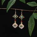 Vintage Ethnic Enamel Flower Pearl Faux Jade Four Leaf Clover Dangle Drop Earrings view 3