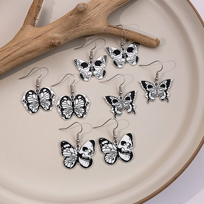 Vintage Punk Halloween Skull Butterfly Black White Enamel Alloy Dangle Drop Women's Earrings