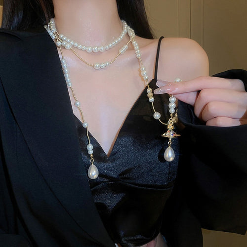 French Vintage Teardrop Faux Pearl Multi Layer Tassel Choker Necklace Elegant Statement Jewelry