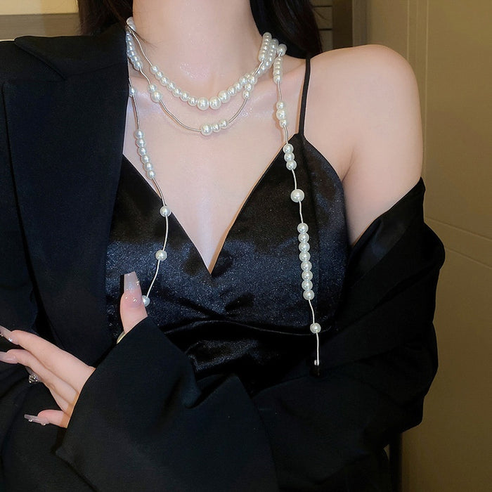 French Vintage Teardrop Faux Pearl Multi Layer Tassel Choker Necklace Elegant Statement Jewelry