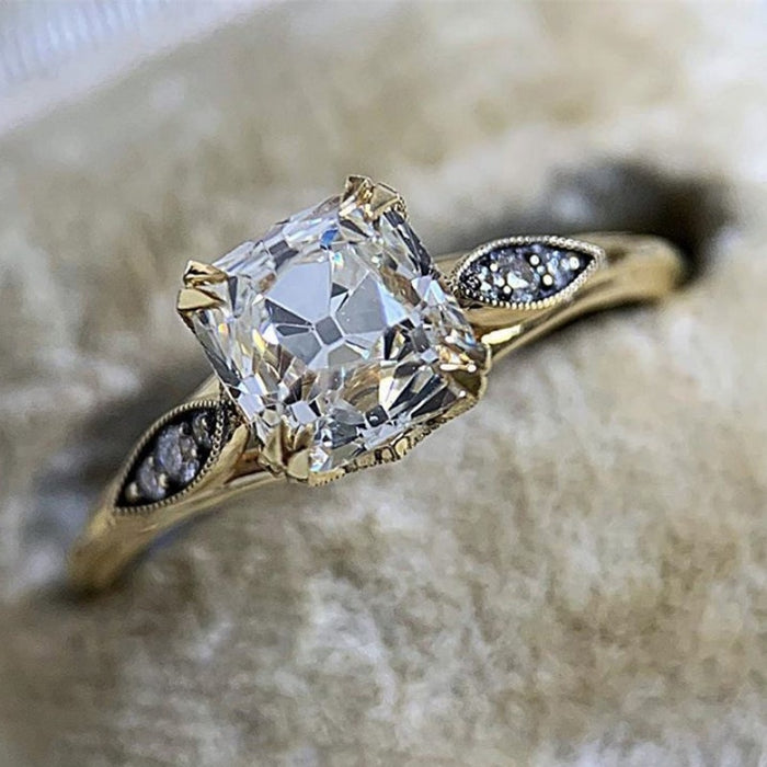 Gold Color Square Four Prong Women's Ring, Elegant Wedding Engagement Jewelry Accessory
