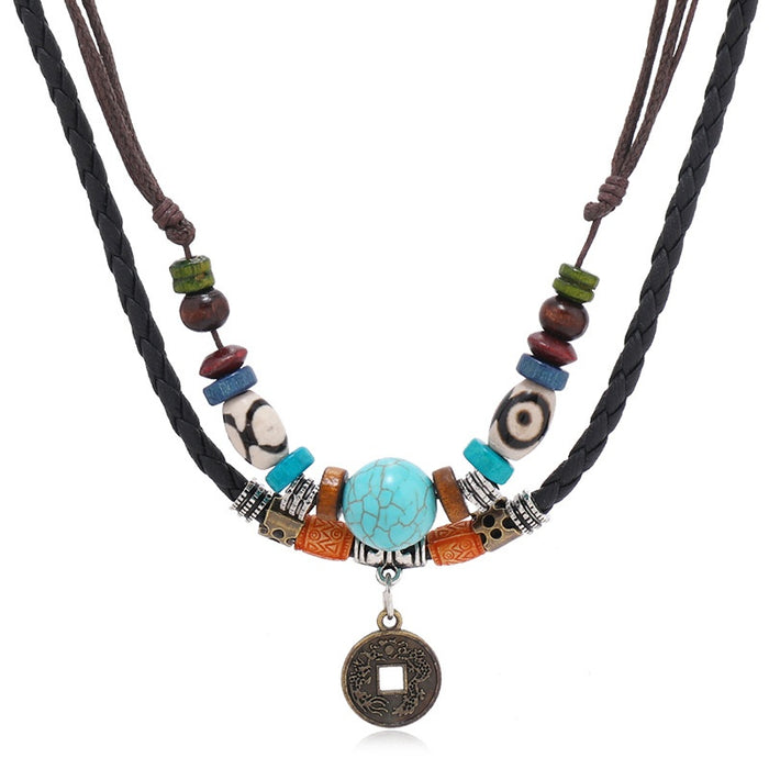 Vintage Multi Layer Turquoise Beaded Braided Leather Necklace With Antique Alloy Coin Pendant For Men