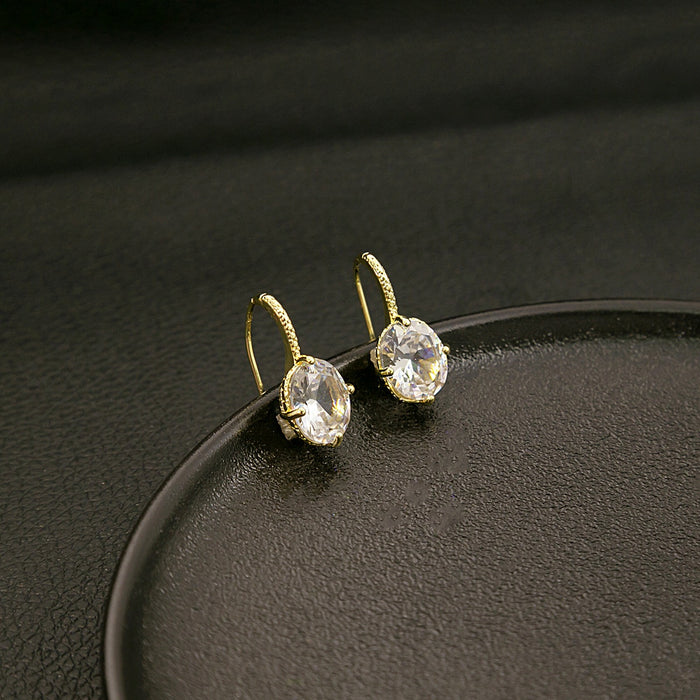 Elegant Geometric Oval Zircon Drop Hook Earrings, Gold Plated Alloy Luxury Minimalist Women's Earrings