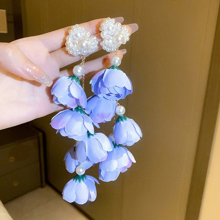 Alloy Pearl Fabric Flower Tassel Drop Earrings, Forest Fairy Long Vacation Style