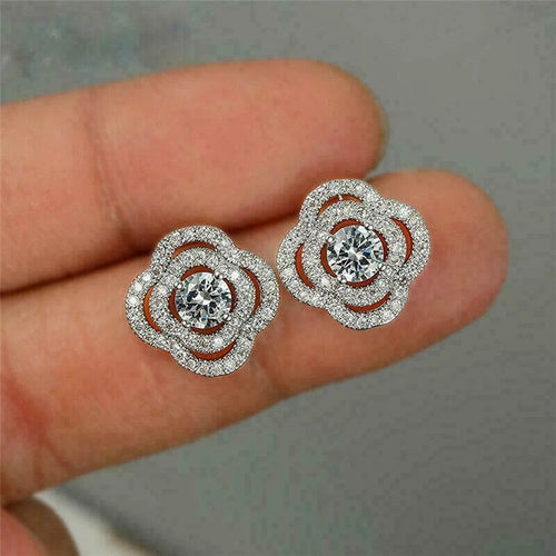 Hong Kong Style Sparkling Ripple Camellia Flower Stud Earrings Elegant Fashion Jewelry For Women