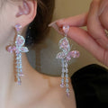 Pink Zircon Butterfly Teardrop Tassel Drop Earrings Alloy Forest Style Sweet Jewelry view 1