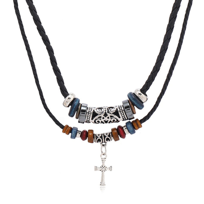 Hot Selling Multi Layer Beaded Alloy Cross Leather Necklace, Vintage European Clothing Accessory