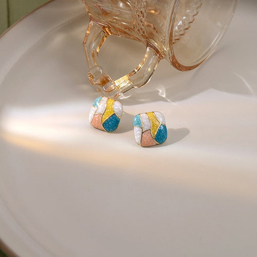 Vintage Colorful Enamel Square Stud Earrings For Women, Petite Candy Color Oil Painting Alloy Earrings