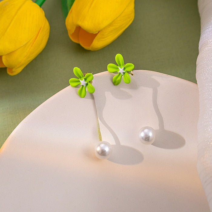 Elegant Fresh Green Enamel Flower Drop Pearl Pendant Two-Way Silver Needle Alloy Earrings