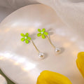 Elegant Fresh Green Enamel Flower Drop Pearl Pendant Two-Way Silver Needle Alloy Earrings view 2