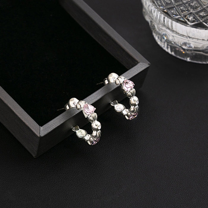 Elegant Korean Candy Heart Pink Rhinestone Geometric C Hoop Alloy Silver Needle Stud Earrings