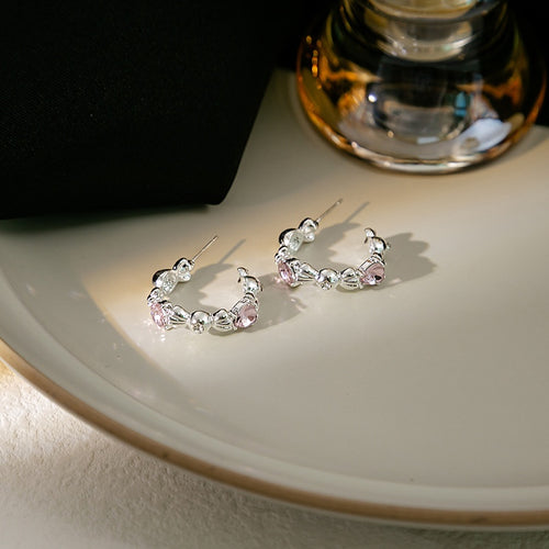 Elegant Korean Candy Heart Pink Rhinestone Geometric C Hoop Alloy Silver Needle Stud Earrings