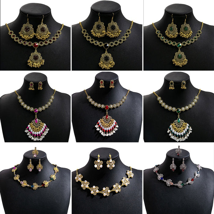 Bohemian Color Rhinestone Pearl Earrings Turquoise Tassel Flower Jewelry Set For Women