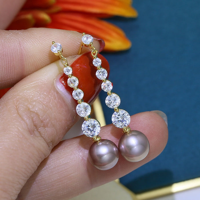 Fashion Row Zircon Pearl Drop Earrings Luxury Korean Long Wedding Date Earrings For Women