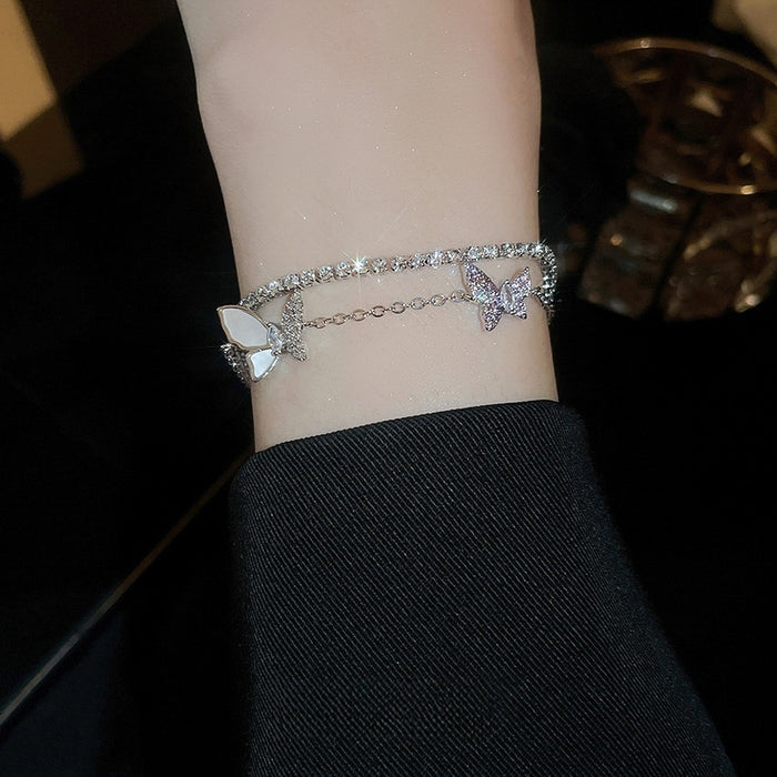 Minimalist Light Luxury Copper Zircon Butterfly Double Layer Bangle For Women