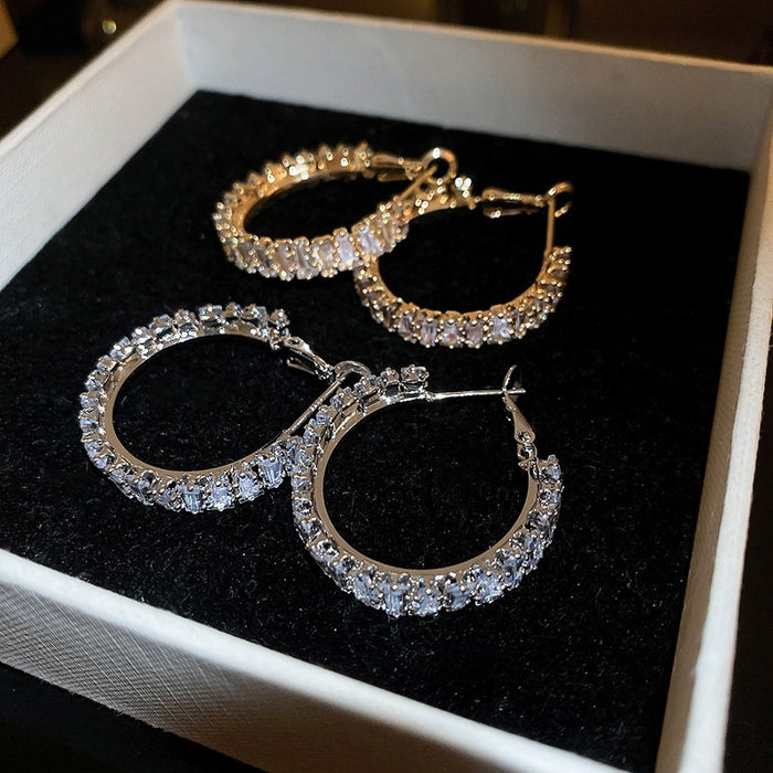 Chic Alloy Hoop Earrings With Square Zircon Geometric Circle Design For Women