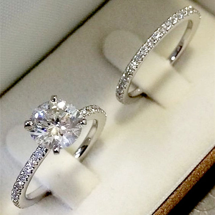 Japanese Korean Fashion Simulated Moissanite Ring Set, Micro Pave Couple Wedding Gift Rings