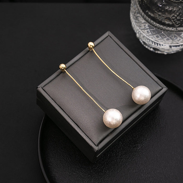 Elegant French Vintage Geometric Round Pearl Drop Studs Two Way Gold Alloy Long Dangle Earrings