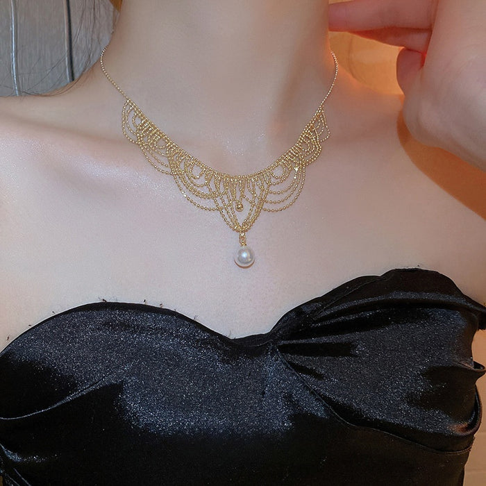 12mm Faux Pearl Lace Woven Necklace For Women 24K Gold Plated Vintage Palace Tassel Design
