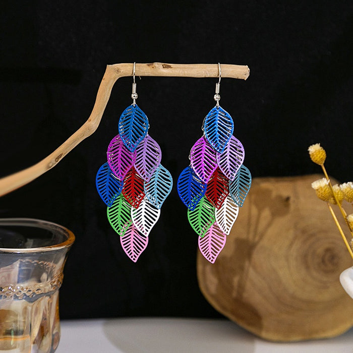 Bohemian Colorful Hollow Alloy Leaf Tassel Long Drop Dangle Statement Earrings