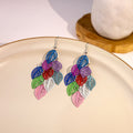 Bohemian Colorful Hollow Alloy Leaf Tassel Long Drop Dangle Statement Earrings view 3