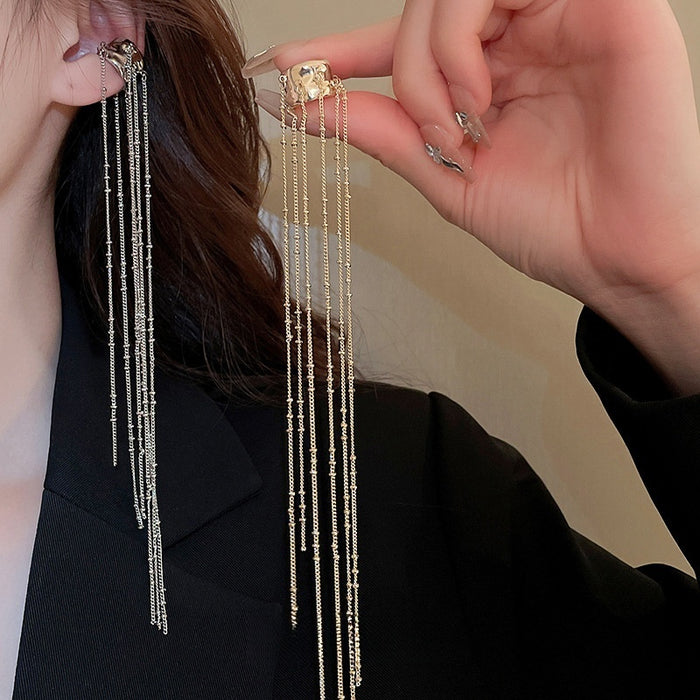 Korean Minimalist Alloy Irregular C Shape Chain Long Tassel Clip-on Earrings
