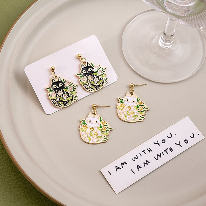 Cute Cartoon Cat In Flower Potted Plant Enamel Alloy Gold Tone Women's Stud Drop Earrings
