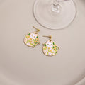 Cute Cartoon Cat In Flower Potted Plant Enamel Alloy Gold Tone Women's Stud Drop Earrings view 3