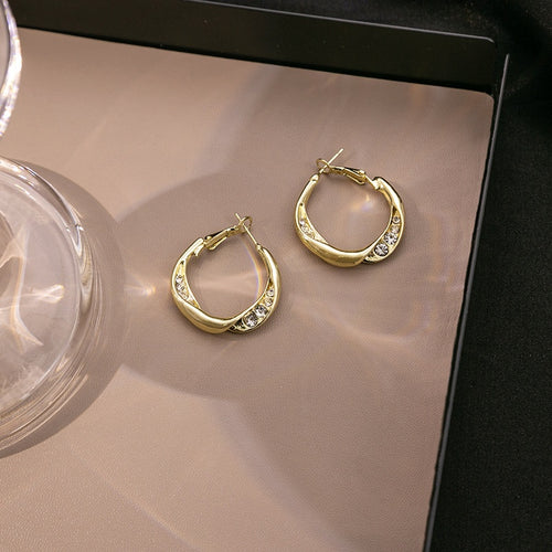 Elegant Gold Alloy Geometric Double Circle Hoop With Micro Paved Zircon Rhinestone Earrings