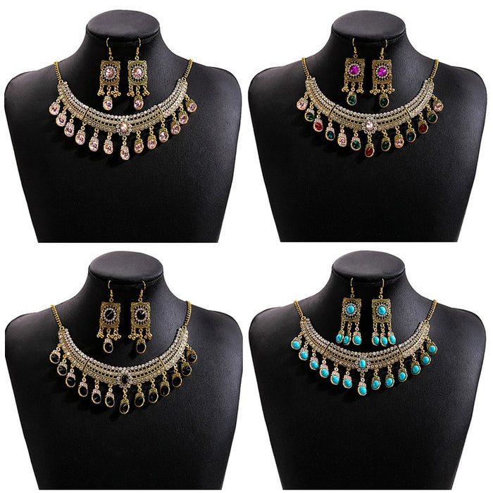 European Vintage Rhinestone Geometric Square Necklace And Teardrop Earrings Jewelry Set