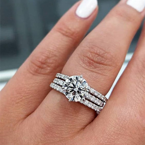 Japan Korea Three Layer Micro Paved Simulated Diamond Ring, Proposal Wedding Stack Ring Set