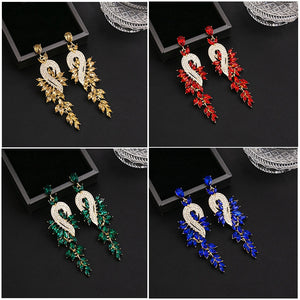 Luxury Zircon Leaf Tassel Drop Earrings For Women Vintage Geometric Full Rhinestone Statement Earrings