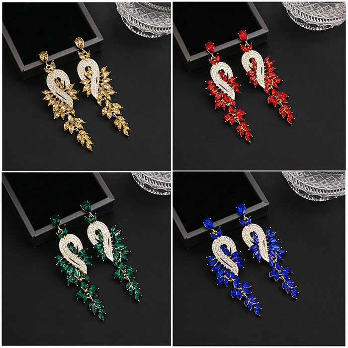 Luxury Zircon Leaf Tassel Drop Earrings For Women Vintage Geometric Full Rhinestone Statement Earrings