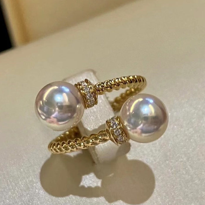 Simple Fashion Adjustable Open Ring With Twisted Band And Double Pearl Japanese Style