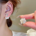 Chic Camellia Flower Stud Earrings With Zircon Pearl Woven Front Back Design view 1