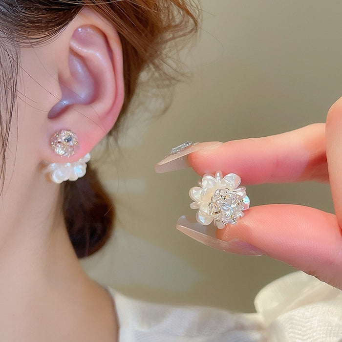 Chic Camellia Flower Stud Earrings With Zircon Pearl Woven Front Back Design