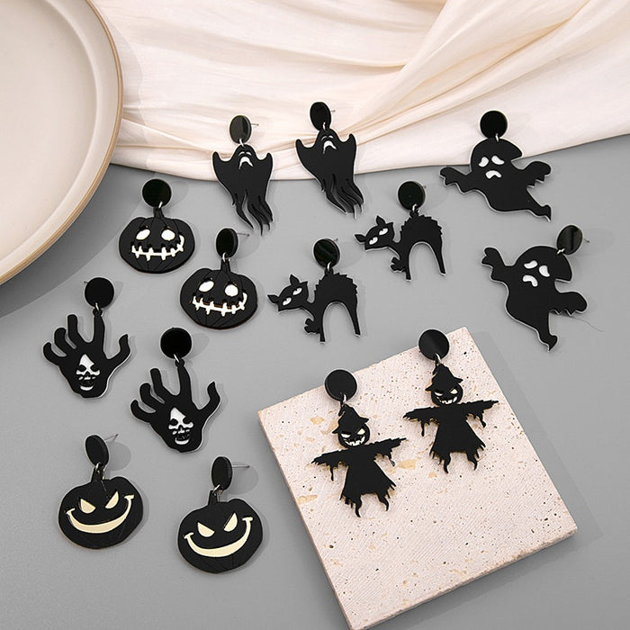 Cartoon Halloween Ghost Pumpkin Bat Devil Face Black Acrylic Drop Stud Party Earrings