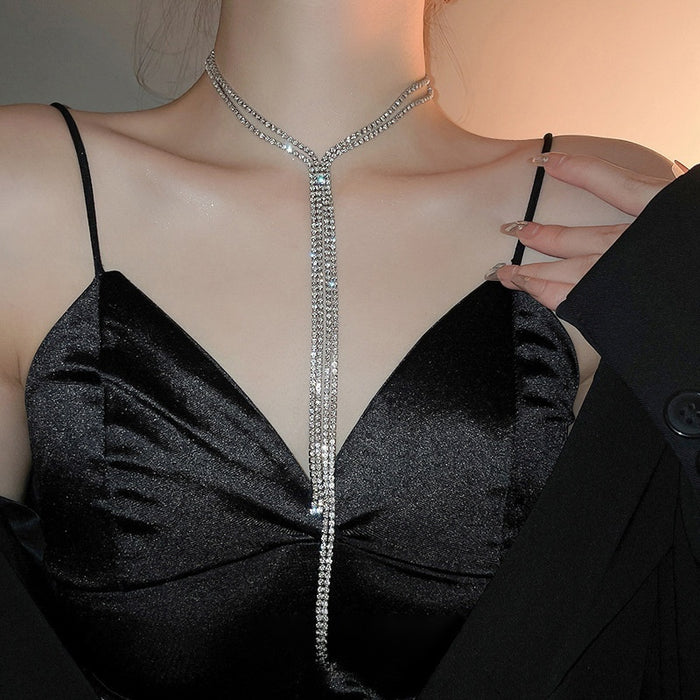 European Style Rhinestone Alloy Extra Long Double Layer Tassel Pendant Necklace For Women