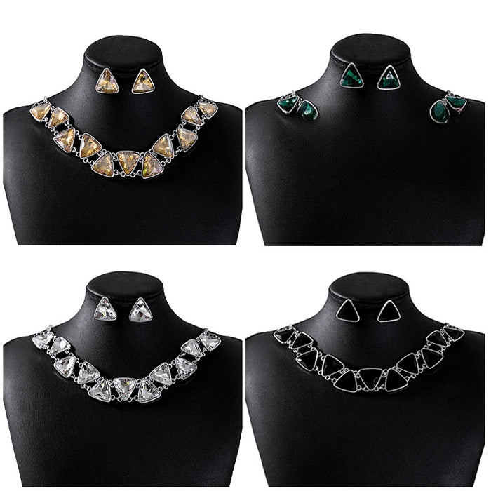 Vintage Geometric Triangle Rhinestone Alloy Statement Jewelry Set Luxury Evening Dress Stud Earrings