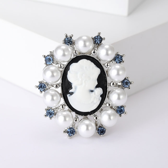 Alloy Pearl Rhinestone Lady Head Brooch Pin For Vintage Outfits