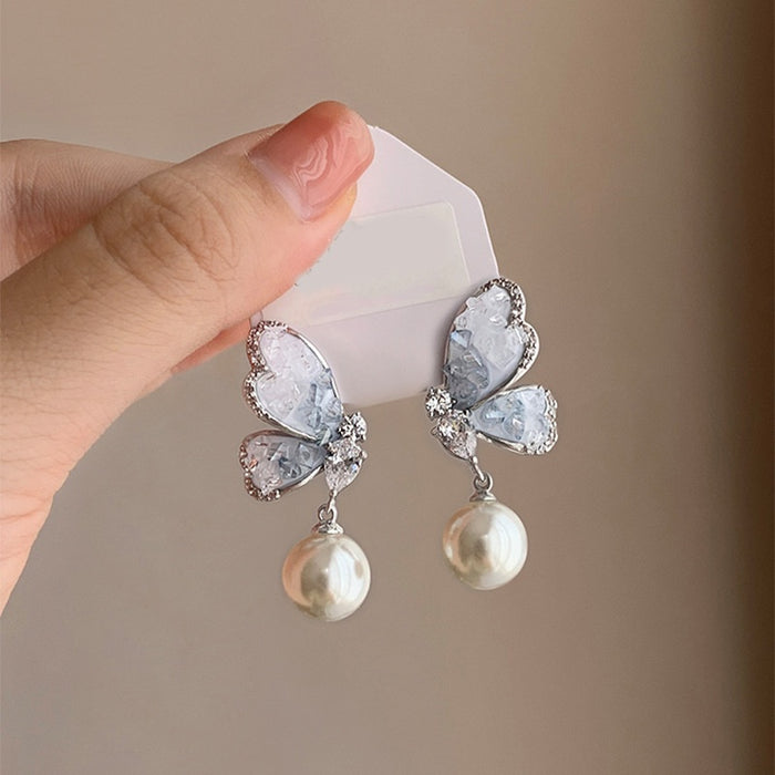 Chic Alloy Butterfly Drop Earrings With Gradient Faux Crystal Pearls And Silver Pins