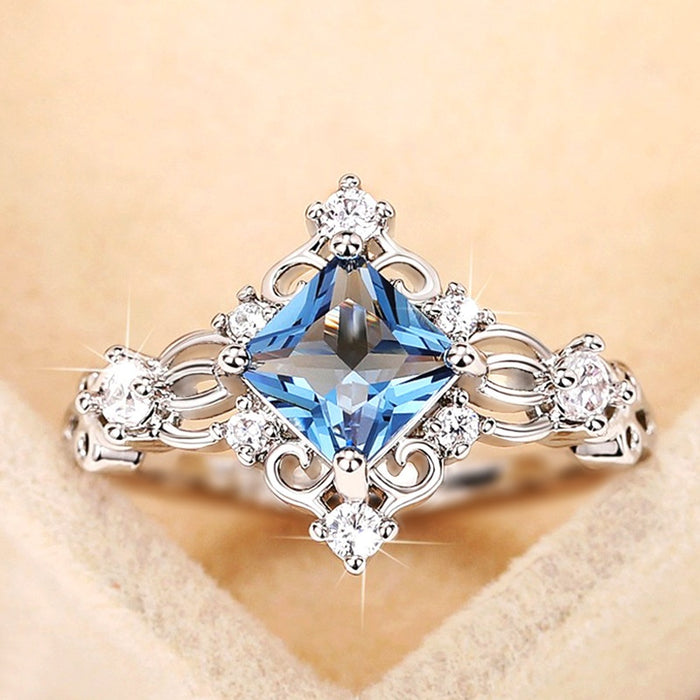 Princess Pattern Aquamarine Imitation Gemstone Index Ring With Rhombus Zircon Inlay